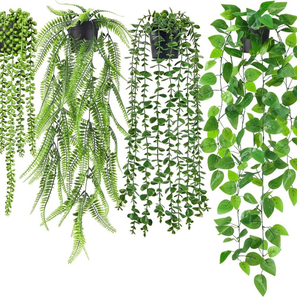 4Pcs Fake Plants Hanging Artificial Ivy Vine Faux Eucalyptus Hanging Plants, Bos